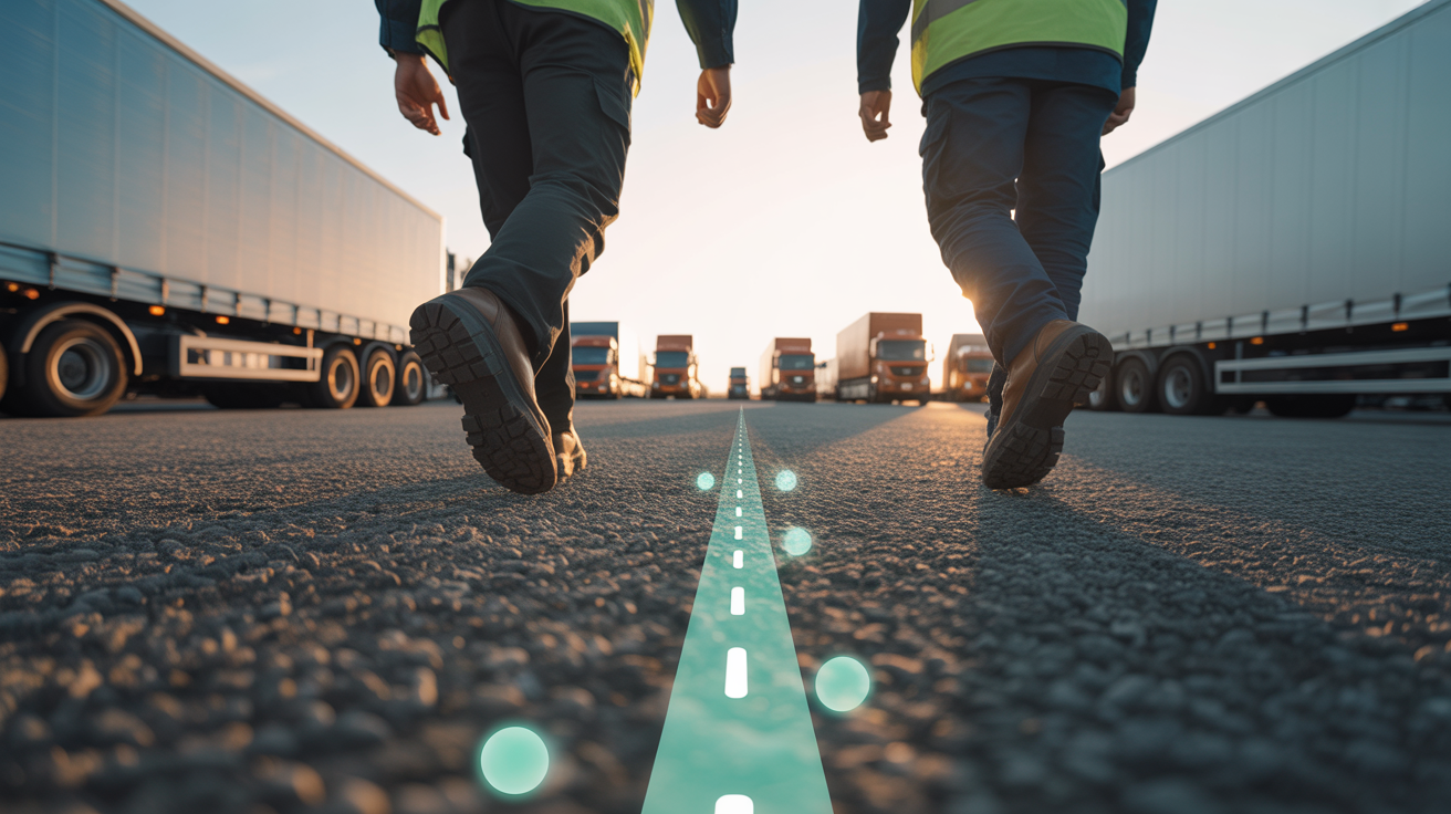 Ground-level depot yard at first light, workers in hi-vis, mint AR line