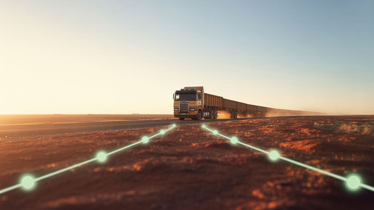 Road-train crossing the outback at golden hour, mint AR lines across the earth