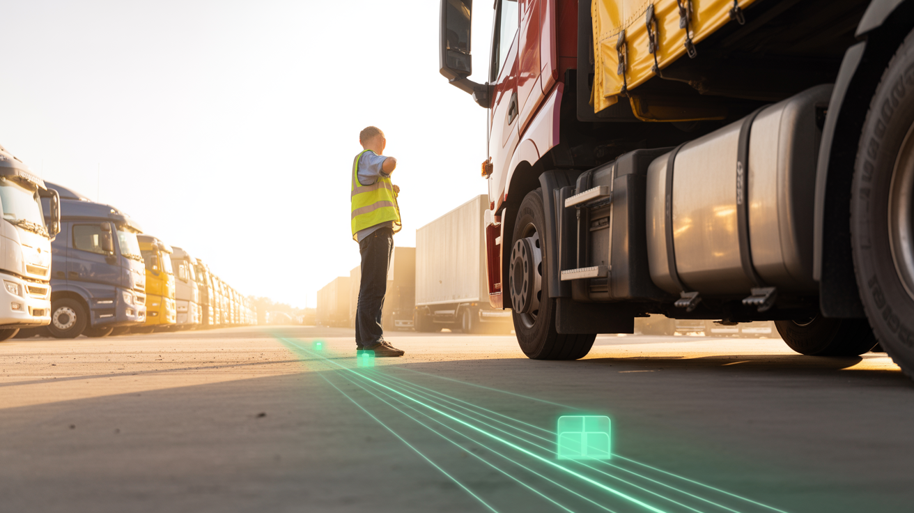Operator beside a prime-mover at golden hour, mint AR route line on the tarmac