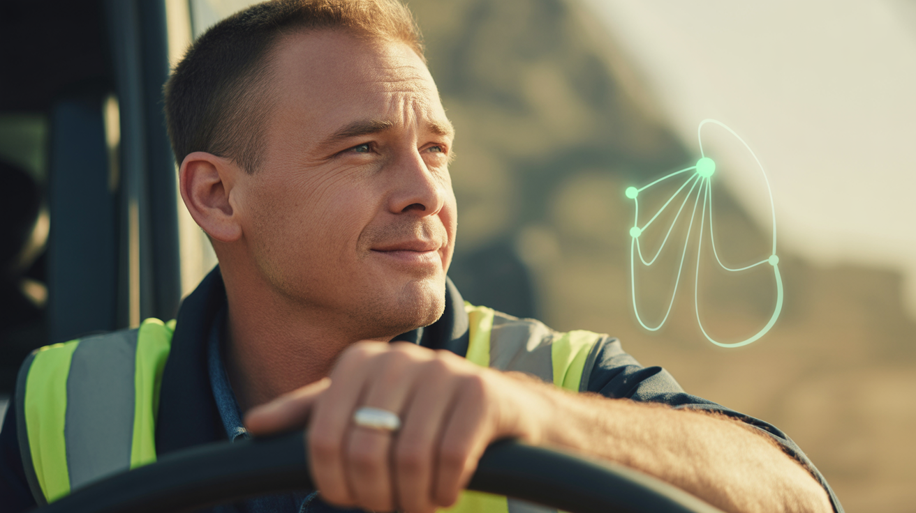 Documentary portrait of a driver, mint AR detail in background