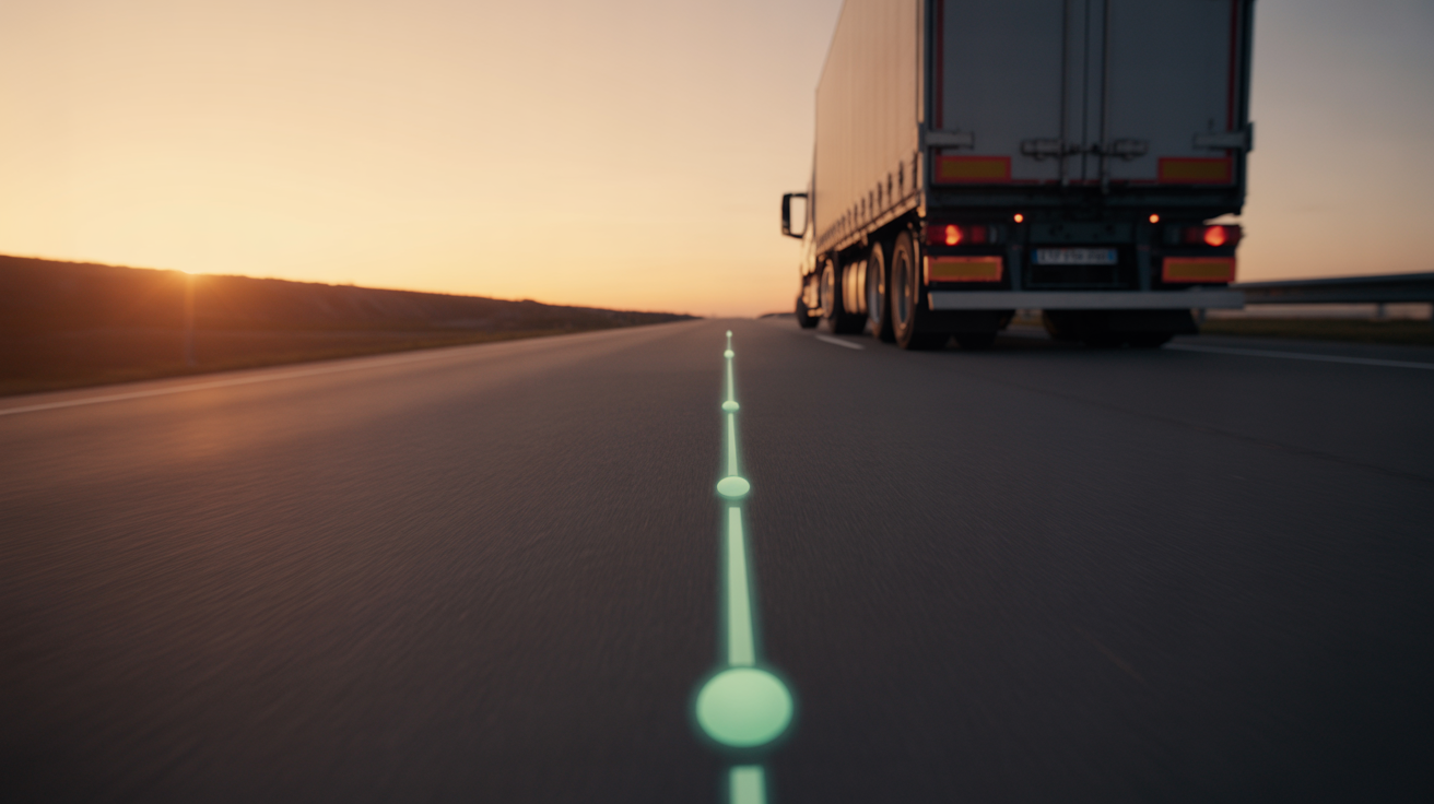 Heavy truck on open highway at dusk, mint AR centre line